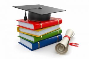 Graduation. Mortarboard, diploma and books. 3d